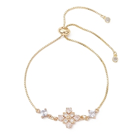 Регулируемые латунные браслеты со звеньями-слайдерами, цветок, с подвесками из кубических цирконий в латунной оправе