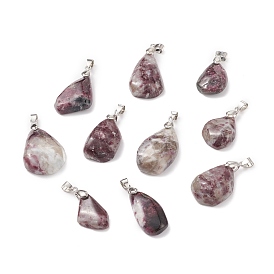 Natural Plum Blossom Tourmaline Pendants, with Platinum Tone Brass Snap on Bails, Nuggets