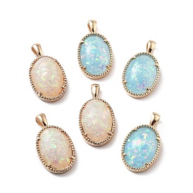 Rack Plating Brass Resin Imitate Opal Pendants, Golden, Oval