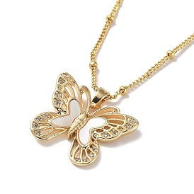 Butterfly Brass Micro Pave Cubic Zirconia Pendant Necklaces, with Shell