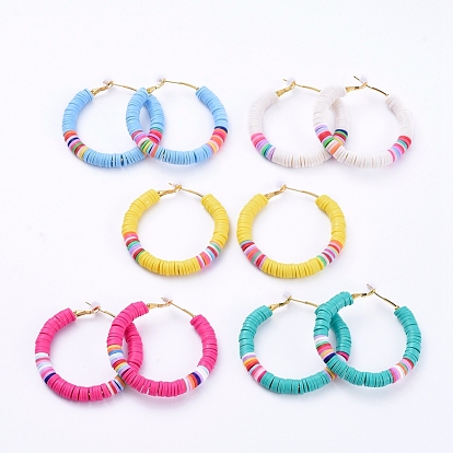 Basketball Wives Style Brass Heishi Beaded Hoop Earrings, with Plastic Earring Backs, Ring