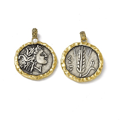 Rack Plating Brass Pendants, with ABS Imitation Pearl Beads, Cadmium Free & Lead Free & Nickle Free, Flat Round with Woman Pattern, Greece Coin Charm