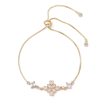 Регулируемые латунные браслеты со звеньями-слайдерами, цветок, с подвесками из кубических цирконий в латунной оправе