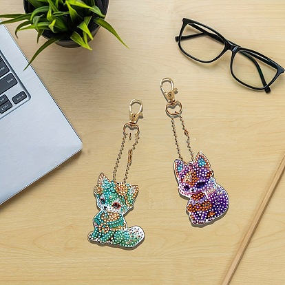 DIY Fox Pattern Diamond Painting Keychain Kit, Including Acrylic Board, Keychain Clasp, Bead Chain, Resin Rhinestones Bag, Diamond Sticky Pen, Tray Plate & Glue Clay