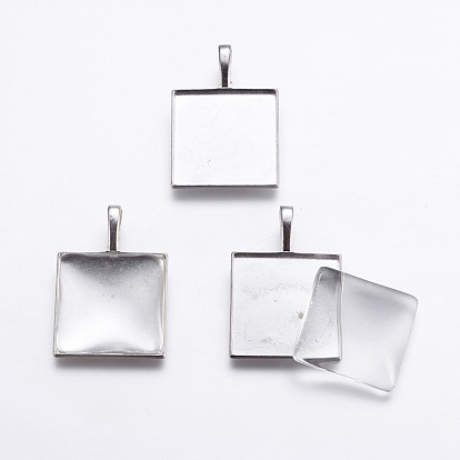 DIY Pendant Making, with Alloy Pendant Cabochon Settings and Glass Cabochons, Square