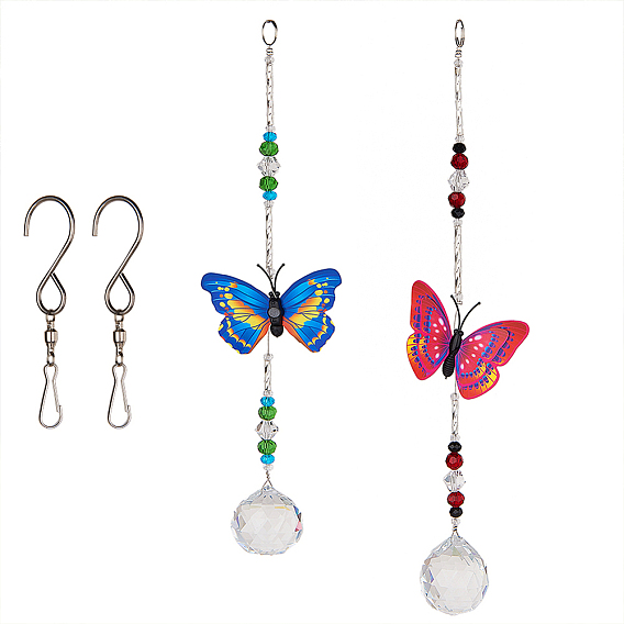 Crystal Suncatchers Hanging Pendant, Butterfly Prism, Windows Car Decorations, with Stainless Steel Swivel Hooks Clips and Velvet Bags, Butterfly