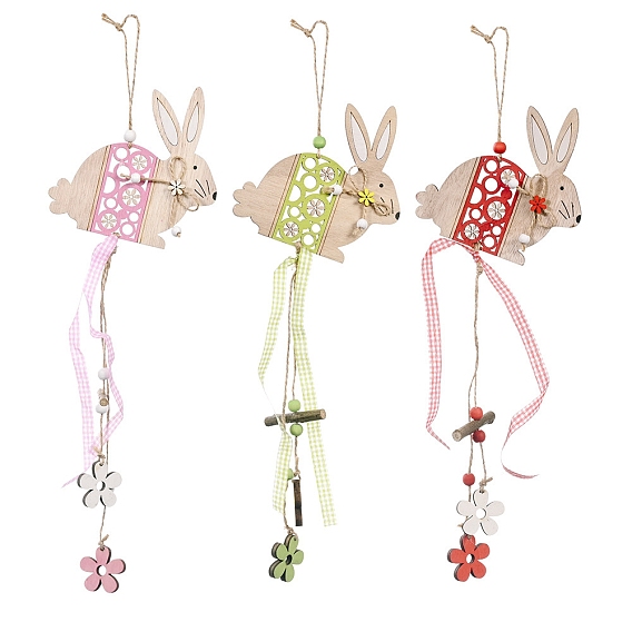 Wooden Hanging Ornaments, Wall Decorations, with Tartan Pattern Ribbon, for Easter Party Home Decoration, Rabbit