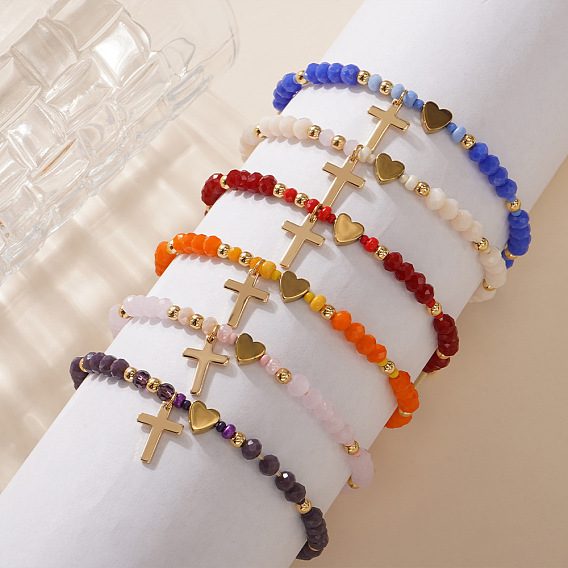 Браслеты из латуни и сплавов с подвесками, стеклянные бусины плетеные браслеты из бисера для женщин, крест и сердце