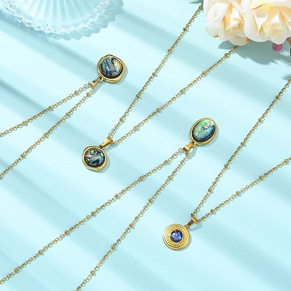 304 Stainless Steel Natural Paua Shell Pendant Satellite Chain Necklaces, Mixed Shapes
