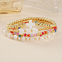 Natural Shell Cross Heart & Glass & Brass Beaded Stretch Bracelet Sets, Adjustable Stackable Bracelets for Women, Golden