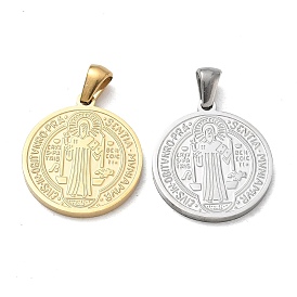 Pendentifs en acier inoxydable, breloques rondes et plates avec médaille de Saint Benoît, placage ionique (ip)