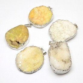 Electroplate Rough Gemstone Natural Druzy Crystal Pendants, with Brass Findings, Silver Color Plated, Nuggets, 35~50x25~40x6~25mm, Hole: 4x9mm