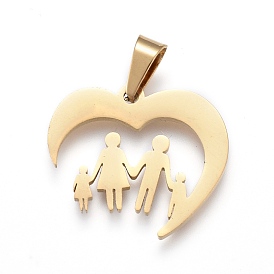 304 Stainless Steel Pendants, Laser Cut, Heart with Family