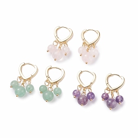 Round Natural Gemstone Dangle Hoop Earrings, Brass Jewelry for Women, Golden