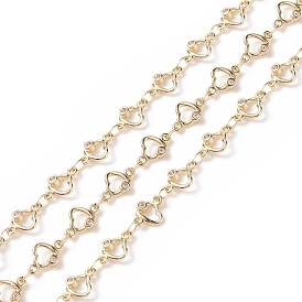 Brass Heart Link Chains, with Clear Cubic Zirconia, Soldered, with Spools, Cadmium Free & Lead Free