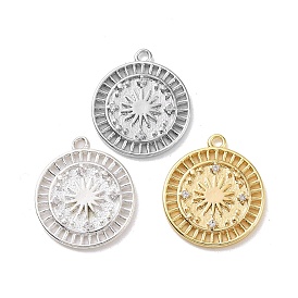 Ion Plating(IP) Brass Micro Pave Clear Cubic Zirconia Pendants, Flat Round with Sun