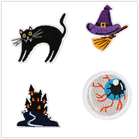 Halloween Cat Witch Hat Bloody Eye Computerized Embroidery Cloth Iron on Patches, Stick On Patch, Costume Accessories, Appliques