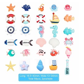 BENECREAT 58Pcs 29 Style Resin Cabochons, Ocean Style, Sailboat & Drift Bottle & Conch & Life Ring & Fishbone & Helm & Sea Horse & Tropical fish & Coral & Starfish & Octopus & Crab