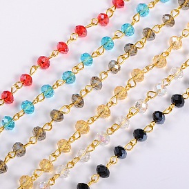 Chaînes de perles de verre rondelles faites main pour colliers fabrication de bracelets, avec épingle à œil en fer doré, non soudée, 39.3 pouce