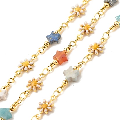 Enamel Flower Link Chains, with Mixed Gemstone Star Beaded and Gold Plated Brass Findings, Long-Lasting Plated, Soldered, with Spool