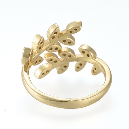 Brass Micro Pave Clear Cubic Zirconia Cuff Rings, Open Rings, Long-Lasting Plated, Leafy Branches