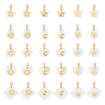 30шт 15 стили подвески из натуральной белой ракушки, с латунными ломтиками солнца, луны и звезд и 304 нержавеющая сталь sanp на дужках, разнообразные
