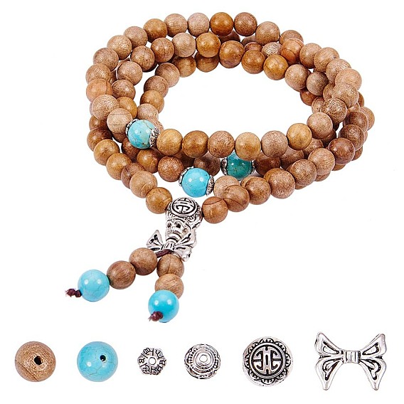 DIY Bracelet Making, with Tibetan Style Beads, Round Elastic Cord, with Fibre Outside and Rubber Inside, Natural Wood Beads and Natural Howlite Beads