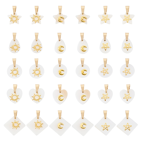 30шт 15 стили подвески из натуральной белой ракушки, с латунными ломтиками солнца, луны и звезд и 304 нержавеющая сталь sanp на дужках, разнообразные