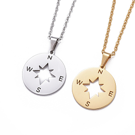 304 Stainless Steel Cable Chains Pendant Necklaces, with Lobster Claw Clasps, Compass