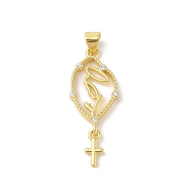 Rack Plating Brass Clear Cubic Zirconia Pendants, Cadmium Free & Lead Free, Oval with Cross