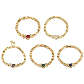 Brass Micro Pave Cubic Zirconia Bracelets, with Glass, Real 18K Gold Plated, Heart