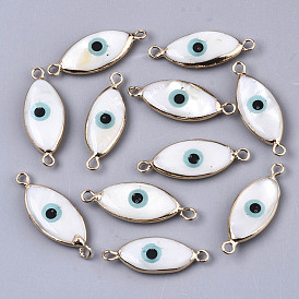 Natural Freshwater Shell Links Connectors, with Brass Loops and Enamel Horse Eye with Evil Eye, Black, Light Gold