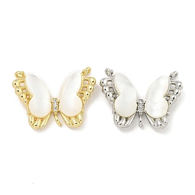 Brass Micro Pave Clear Cubic Zirconia Pendants, Butterfly Charms with Shell