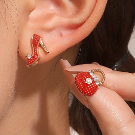Alloy Rhinestone Stud Earrings, Shoe & Bags Enamel Asymmetrical Earrings