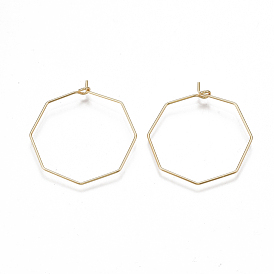 Brass Hoop Earring Findings, Cadmium Free & Nickel Free & Lead Free, Wine Glass Charms Findings, Octagon, Real 18K Gold Plated