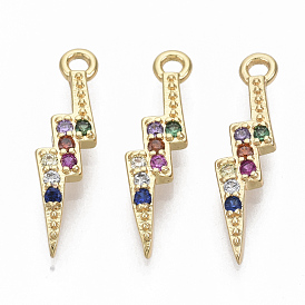 Brass Micro Pave Cubic Zirconia Pendants, Nickel Free, Lightning, Real 18K Gold Plated