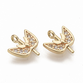 Brass Micro Pave Clear Cubic Zirconia Charms, Nickel Free, Real 18K Gold Plated, Leaf