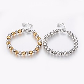 304 Stainless Steel Bracelets with 201 Stainless Round Beads, with Lobster Clasp
