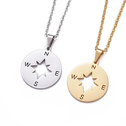 304 Stainless Steel Cable Chains Pendant Necklaces, with Lobster Claw Clasps, Compass