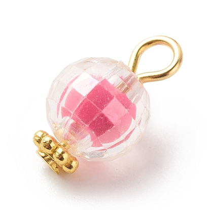 Transparent Acrylic Charms, Faceted, with Golden Tone Iron & Alloy Findings, Bead in Bead, AB Color, Round