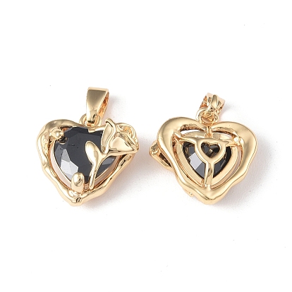 Brass Charms, with Glass, Heart with Rose Charm, for Valentine's Day