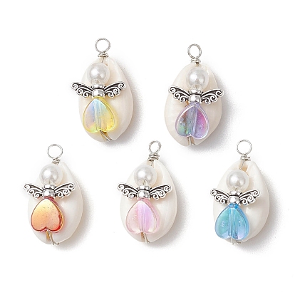Подвески из натуральной каури, Подвески в виде ангела из пластика ABS с имитацией жемчуга, круглой формы и прозрачного акрила с крыльями из сплава и медной проволокой в оболочке, старинное серебро и платина