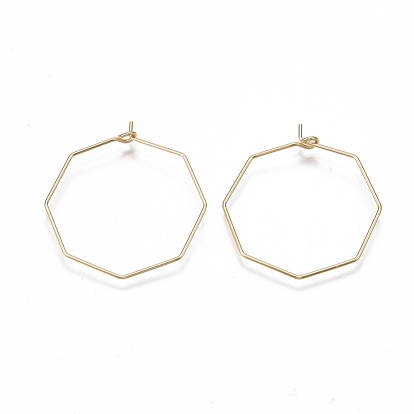 Brass Hoop Earring Findings, Cadmium Free & Nickel Free & Lead Free, Wine Glass Charms Findings, Octagon, Real 18K Gold Plated