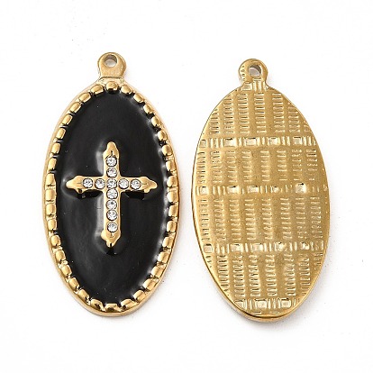 Vacuum Plating 201 Stainless Steel Enamel Pendants, with Rhinestones, Real 18K Gold Plated, Oval with Cross Charm