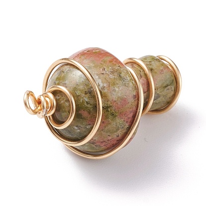 Natural & Synthetic Gemstone GuaSha Stone Pendants, with Eco-Friendly Copper Wire Wrapped, Mushroom