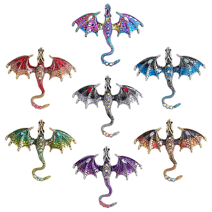 7 pièces 7 couleurs épingles en émail dragon, broche antique en strass en alliage d'argent