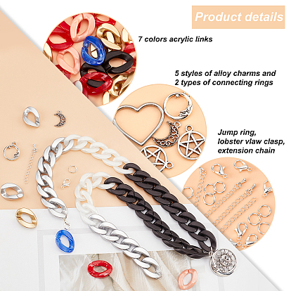 PandaHall Elite DIY Curb Chains Bracelets Necklaces Making Kits, Including Acrylic & Plastic & 304 Stainless Steel Linking Rings, Moon & Star Alloy Pendant