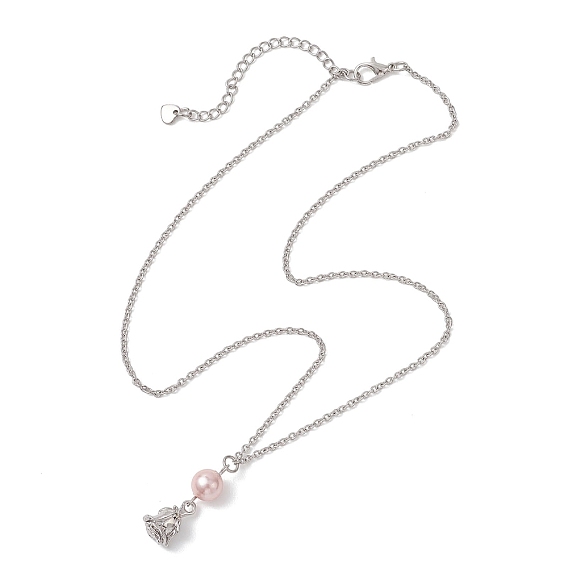 Подвеска из сплава с цветком розы и круглым жемчугом-ракушкой 304 Женские ожерелья из нержавеющей стали с цепочкой, цвет нержавеющей стали