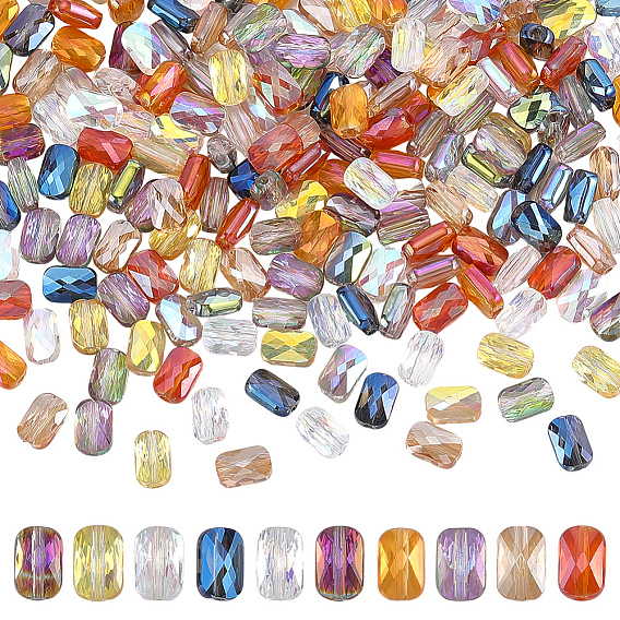 200Pcs 10 Colors Electroplate Glass Beads, Rectangle, Faceted