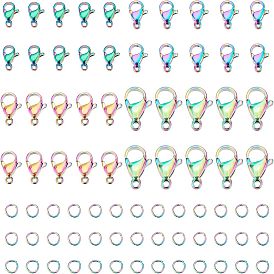 40Pcs 4 Styles Ion Plating(IP) Rainbow Color 304 Stainless Steel Lobster Claw Clasps, with Open Jump Rings